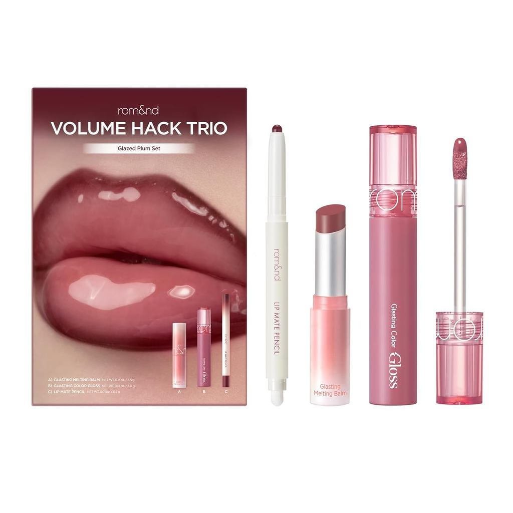 Rom&ndVolumeHackTrioGlazedPlumLipSet|อวบอ้วน,ให้ความชุ่มชื้นK-BeautyLipKitforHigh-Shine,Irresistible
