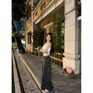 Beautified กางเกงยีนส์กระบอกตรงขากว้างลายพรางทรงคาร์โก้สไตล์อเมริกันวินเทจ การออกแบบหลวมดูผอมV6636
