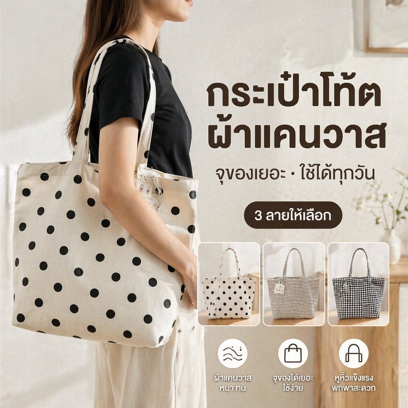 กระเป๋าโท้ตผ้าแคนวาส ขนาดใหญ่ จุของเยอะ สะพายไหล่ ลายจุด ลายทาง ลายตาราง