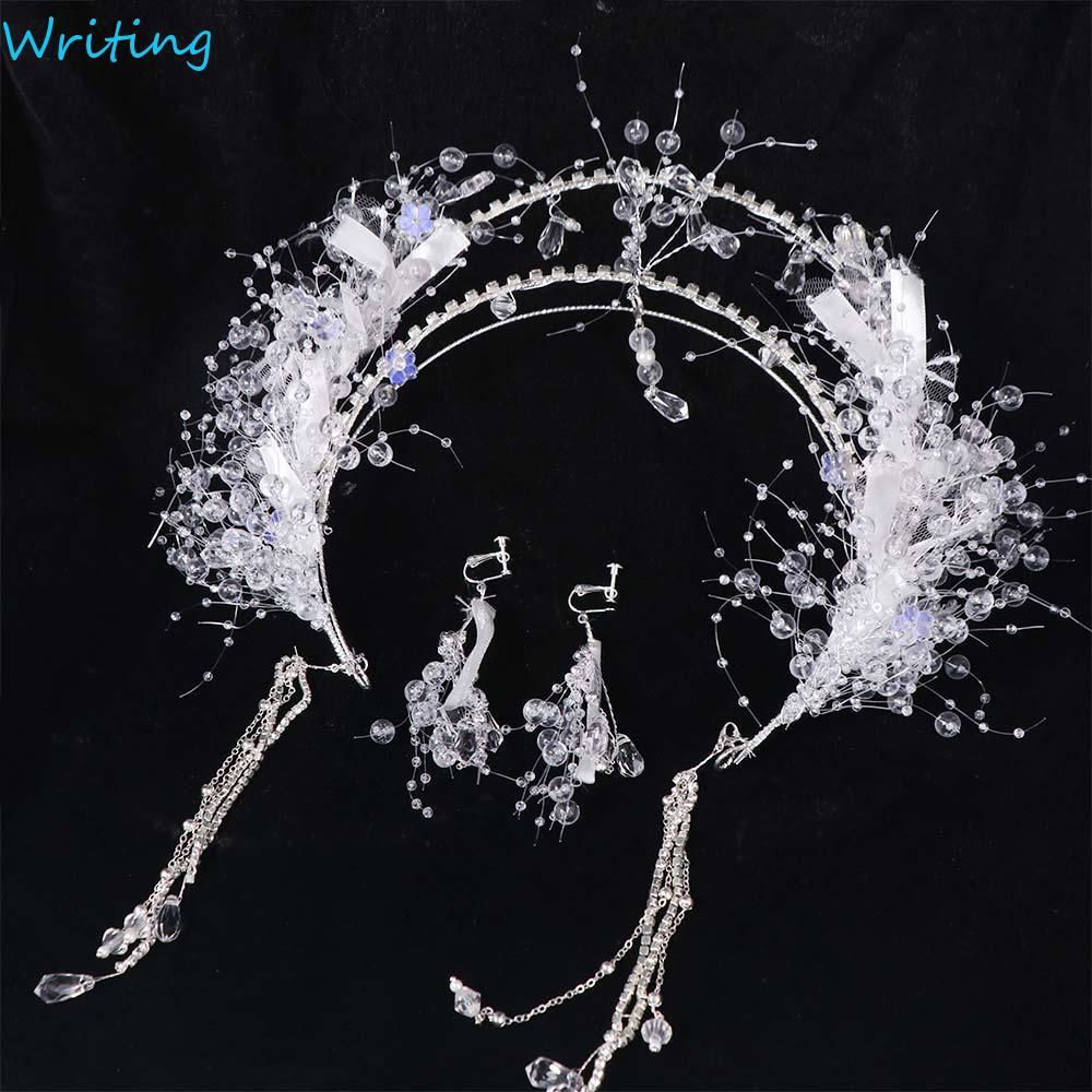 WRITING เจ้าสาวคริสตัลมงกุฎต่างหู, Fairy Shining คริสตัลผม Hoop Tiara,หวานประณีตหรูหราพร้อมคลิปหูเครื่องประดับจัดงานแต่งงานชุดเครื่องประดับผม