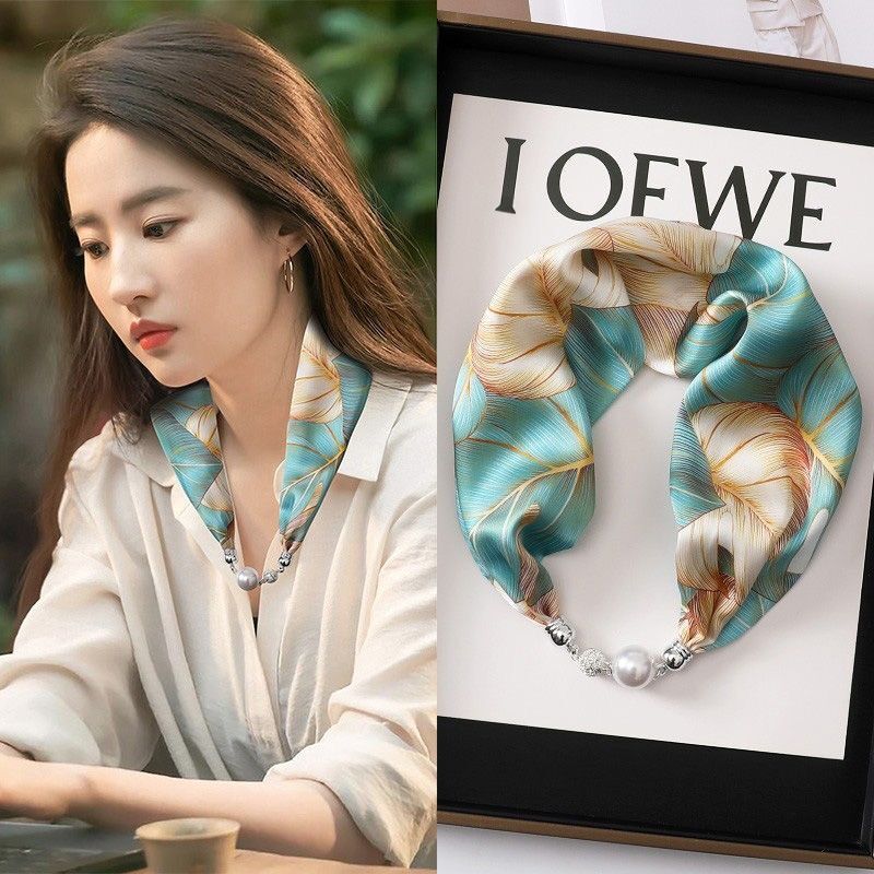 Preferred#Magnetic clasp silk scarf for women, magnetic pearl necklace, new long style to match with