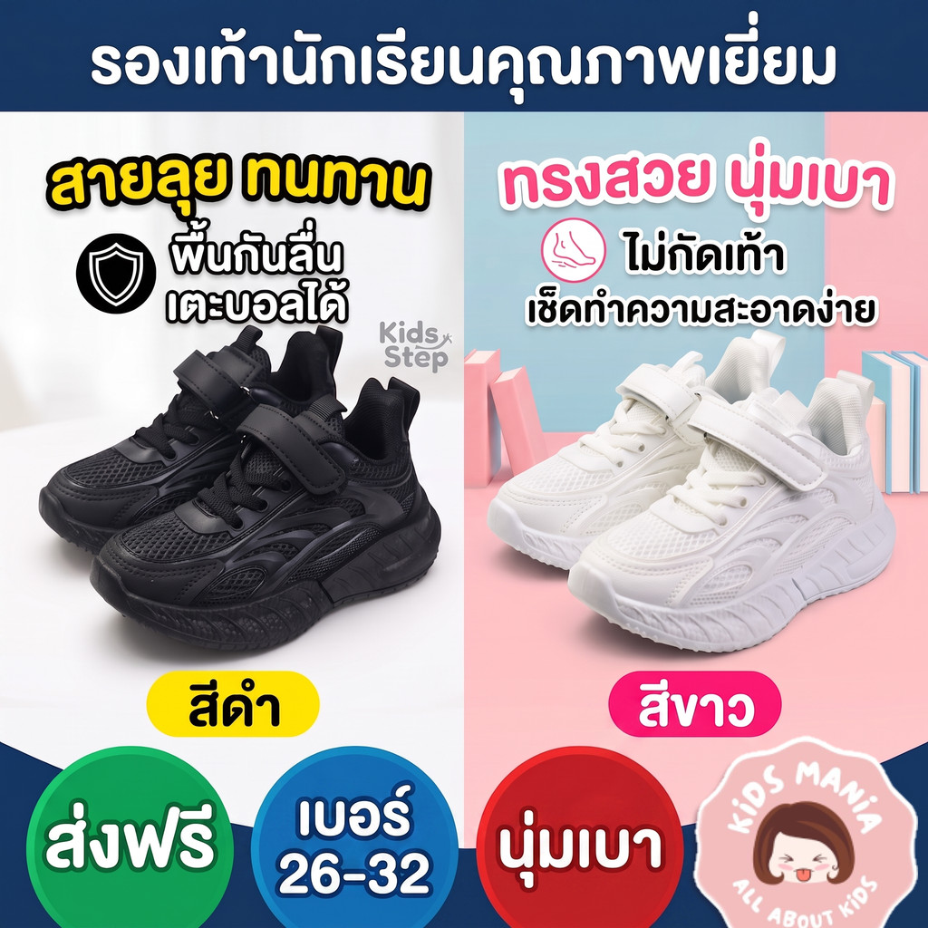รองเท้าเด็กนักเรียนผ้าใบ รองเท้ากีฬาสายลุย ทนทาน นุ่มเบา ไม่กัดเท้า เบอร์ 26-32 พื้นกันลื่น เตะบอลได้ สีดำ สีขาว ส่งฟรี