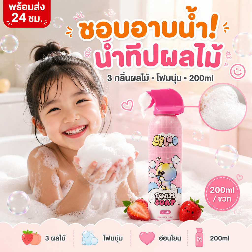 SPLOO โฟมอาบน้ำเด็กชุด 3 สี 3 กลิ่น บลูเบอร์รี่ สตรอว์เบอร์รี่ สับปะรด ประหยัดกว่าซื้อแยก ส่งฟรีวันนี้