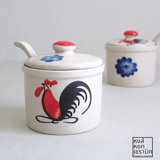 โถเครื่องปรุงเซรามิค ลายไก่ หม้อเครื่องปรุง 4 นิ้ว โถใส่น้ำจิ้ม โถพริกน้ำปลา พร้อมช้อนเซรามิค