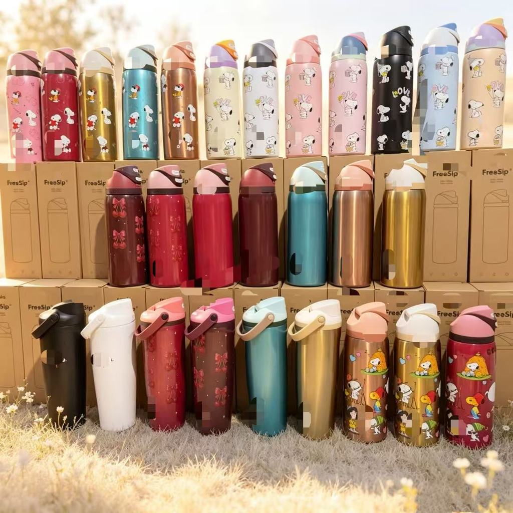 [Owala ของแท้ Ready Stock] 16oz/24oz/30oz/32oz ความจุขนาดใหญ่กระติกน้ำร้อนกีฬาฟางสแตนเลสดื่มคู่ที่มาพร้อมกับถ้วยออกกำลังกายกลางแจ้งขวดน้ำยอดนิยมขายร้อน ลาย Snoopy
