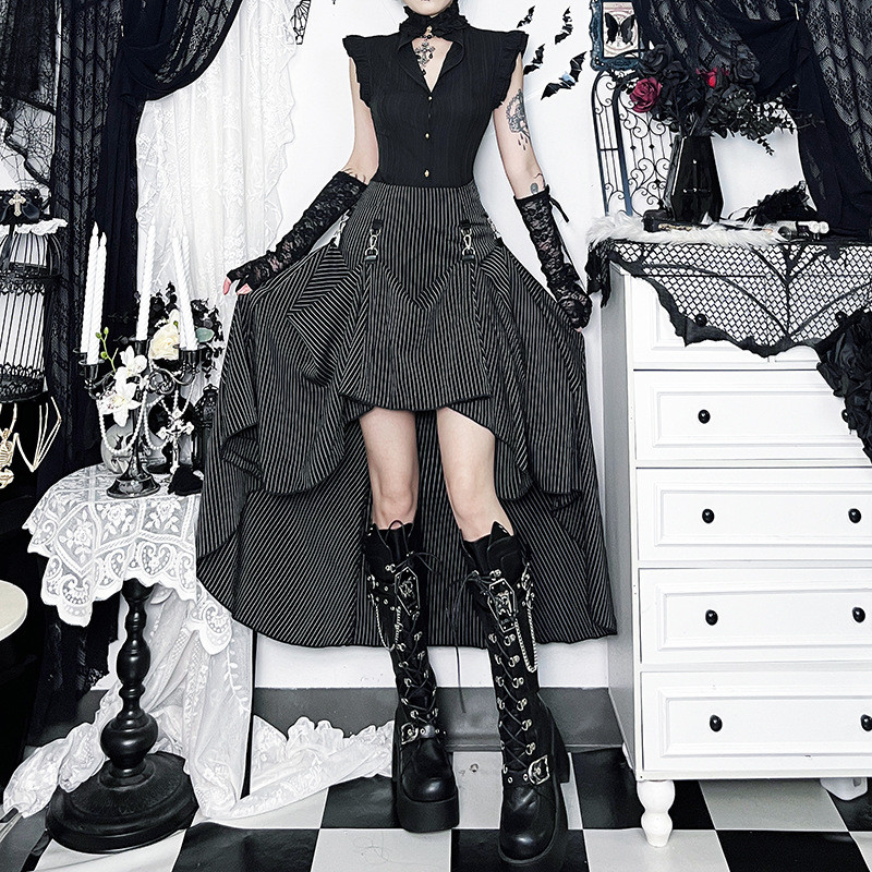 XS25192 Dark Style One Style Two-Wear Half Skirt 2025 Gothic Style Street Striped Half-Length Skirt
