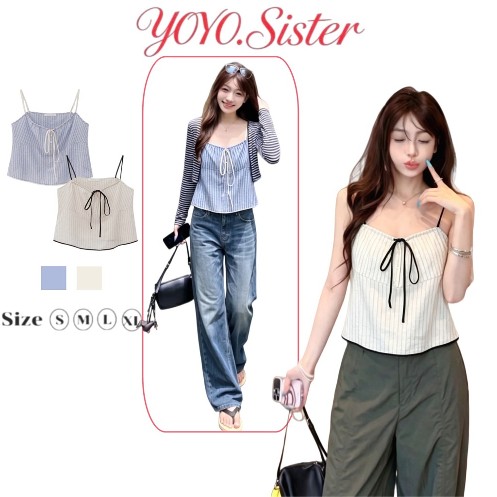 YOYO พร้อมส่ง เสื้อสายเดี่ยวสั้นแต่งสายรัด สไตล์มินิมอล แฟชั่นสาวเกาหลี เสื้อสายเดี่ยวสั้นแต่งสายรัด ดูเรียบง่ายหรูหราผอ