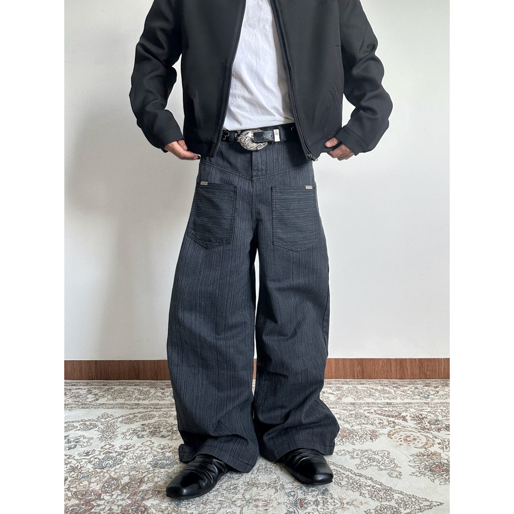 Batch 50 Mesh Picture H805 [Bamboo Stripes] Reverse Pocket Washed Straight Grey S ถึง 3XL