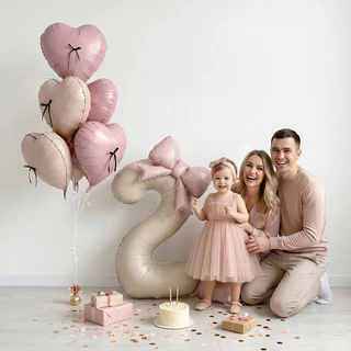 GeeParty ลูกโป่งฟอยล์ตัวเลข สีครีม พร้อมโบว์ ลูกโป่งหัวใจเรโทร 16 ชิ้น ตกแต่งวันเกิด ชุดปาร์ตี้วันเกิด ถ่ายรูปสวย
