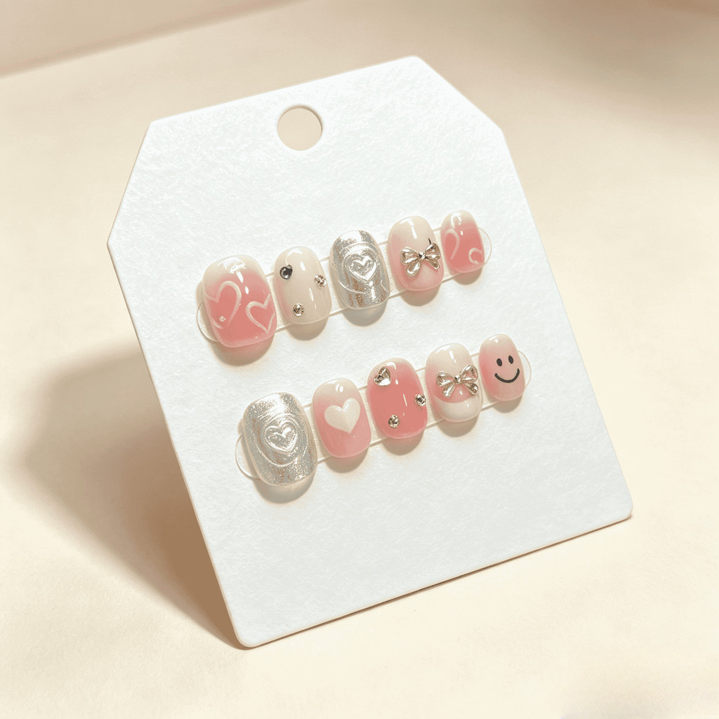 Y2K Pink Heart Short Square Press On Nails Cute Rhinestone Silver Rose เล็บปลอม