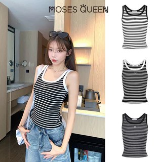 MOSESQUEEN เสื้อคล้องคอปักลายแมทช์สีใหม่ที่ทันสมัยและลําลองอเนกประสงค์สําหรับทั้งเสื้อนอกและชุดด้านใน ไม่มีแขน ทรงสั้น #63783-2