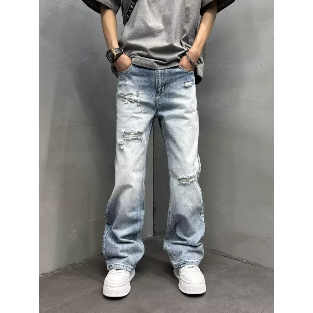 NXGEN American High Street Ripped Jeans Men Retro Washed Distressed cleanfit Micro-Flaw กางเกงขายาวผ