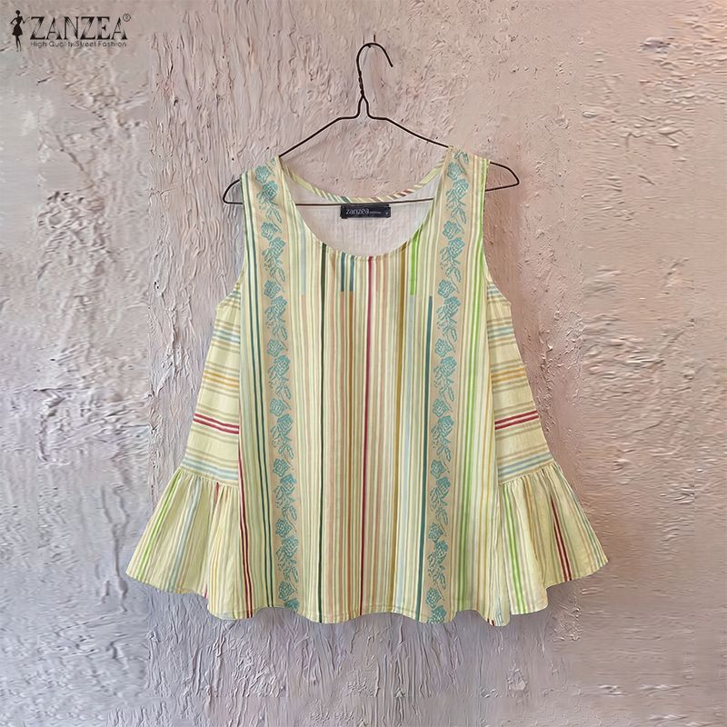 ZANZEA ผู้หญิงเกาหลีวันหยุดลําลองรอบคอแขนกุด Ruffles Pleats ลายพิมพ์ฤดูร้อน A-Line Tanks — صورة 4