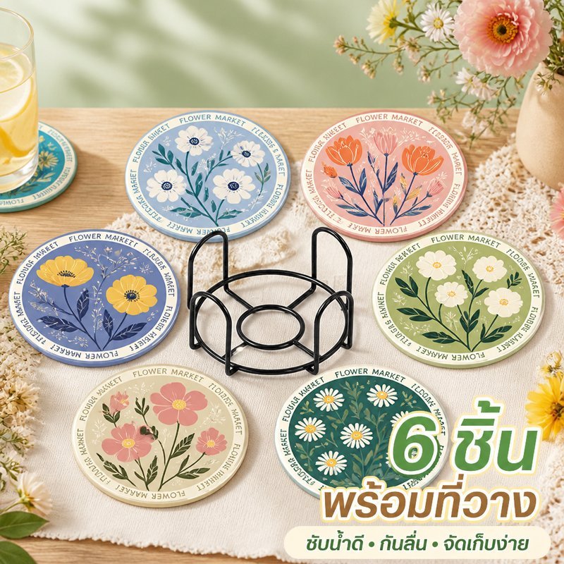 ที่รองแก้ว เซรามิค ซึมซับน้ำ แห้งไว กันลื่น ฉนวนกันความร้อน ลายดอกไม้ ชุด 6 แผ่น พร้อมที่วาง