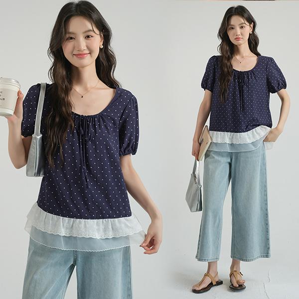 mimi&didi-เสื้อเชิ้ตผู้หญิงไซส์ใหญ่สีน้ำเงินเข้ม ลายจุด แต่งขอบลูกไม้ แขนสั้น คอเสื้อทรงสี่เหลี่ยม ดีไซน์ผูกโบว์#W763
