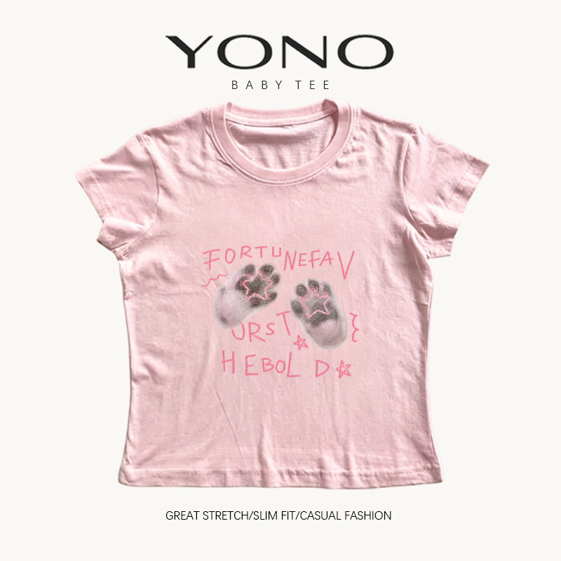 (พร้อมส่ง24ชม.) YONO baby tee สีชมพู ลายอุ้งเท้าสีเทากับดาว ทรงเข้ารูป สไตล์เกาหลี y2k