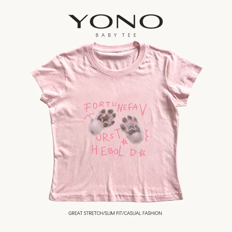 (พร้อมส่ง24ชม.) YONO baby tee สีชมพู ลายอุ้งเท้าสีเทากับดาว ทรงเข้ารูป สไตล์เกาหลี y2k