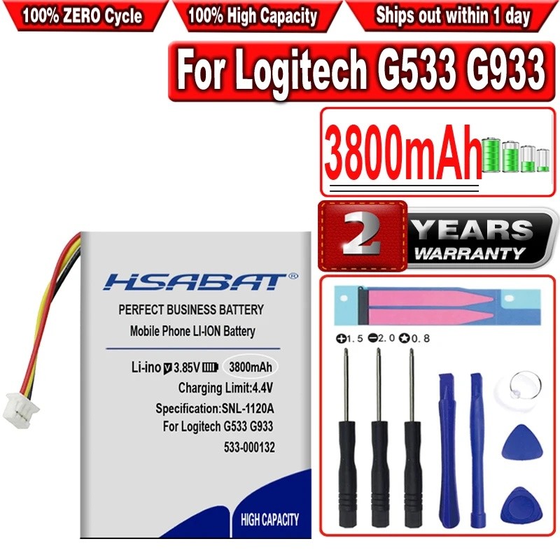 HSABAT 3800mAh 533-000132 แบตเตอรี่สําหรับ Logitech G533 G933 G533S G933S g935 หูฟังชุดหูฟัง