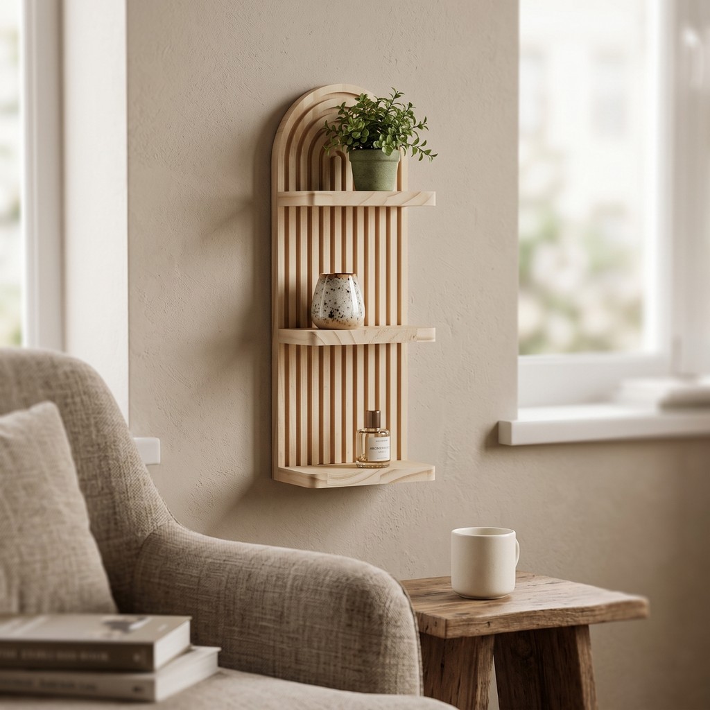 Arched Wall Geometric Slatted Wall Shelf Shelf Shelf Minimalist Boho สําหรับห้องนอน, Entryway