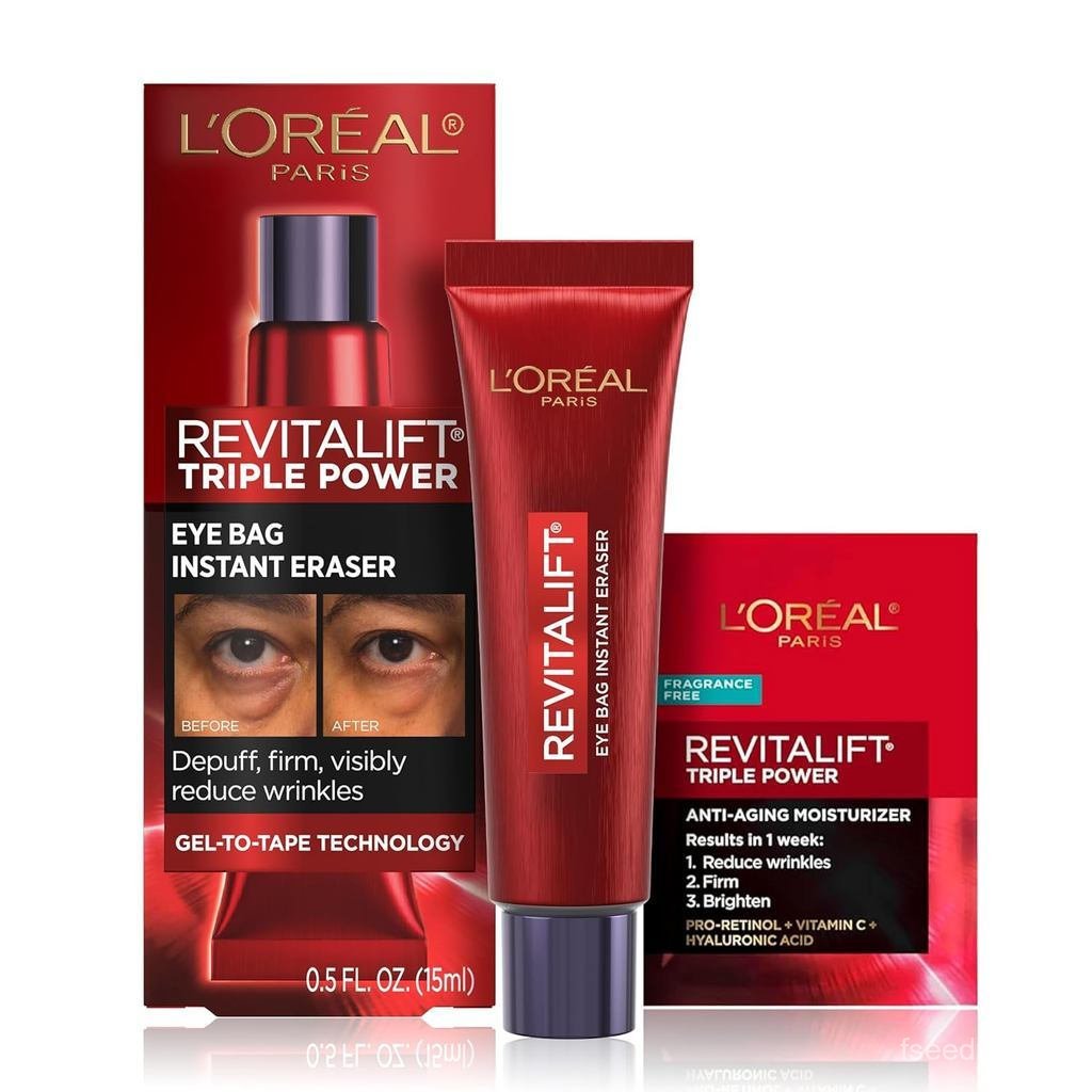 LOreal Paris Revitalift Three-Effect Eye Bag Instant Relief Cream, Eye Firming Care, 0.5oz+Trial Pac