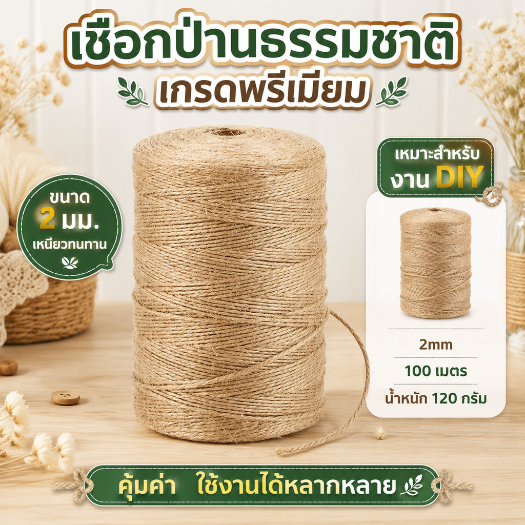 เชือกมะนิลา เชือกป่าน หนา 2 มม. ยาว 100/200 ม. ม้วน งานประดิษฐ์ DIY ตกแต่งบรรจุภัณฑ์ของขวัญ