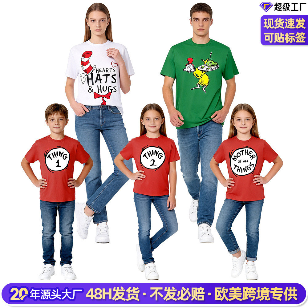 ดร. Thing1Thing2 Thing1Ting2 เสื้อยืดแขนสั้นเด็กหมวกแมวพิมพ์แม่ลูกสวมใส่พร้อมสต็อก