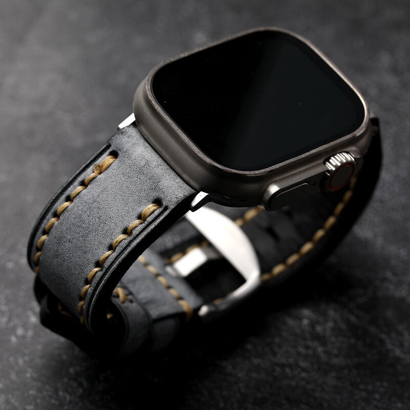 Handmade Waxed Grey Cowhide Strap เหมาะสําหรับ Apple Watch Series 9 หนังแท้ 49 45MM