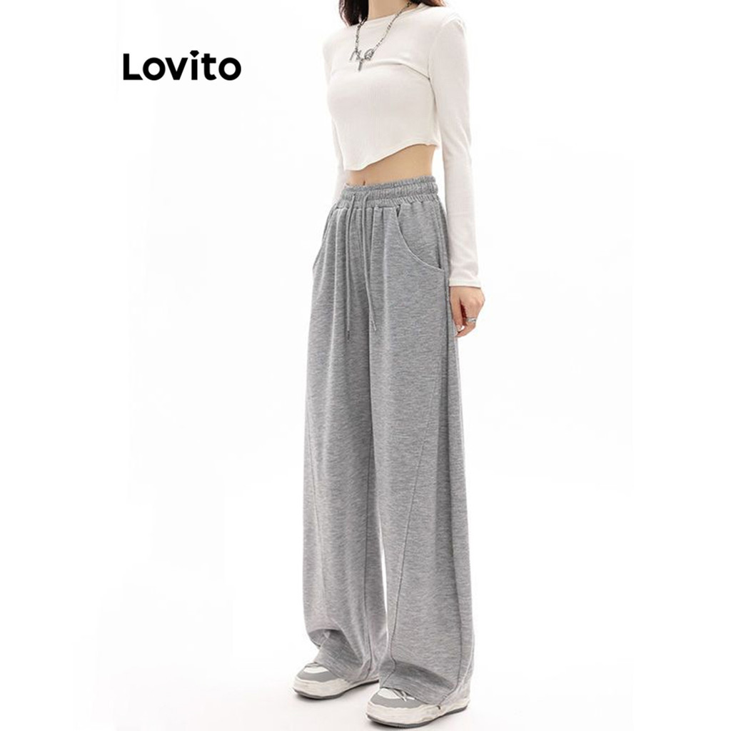 (แคชชวล) Lovito กางเกงเชือกรูดสีพื้นแบบสําหรับผู้หญิง เกาหลี อินเทรนด์ LNA36090 (หลากสี)