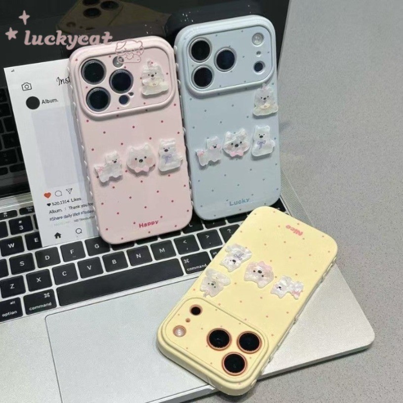3D DIY สี่สุนัขสีขาวด้านข้าง Hearts เคสโทรศัพท์สําหรับ iPhone 17 16 15 14 13 12 11 Pro Max XR XS Max 7 8 Plus SE2020