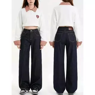 DK JEANS กางเกงยีนส์ ขากว้าง สีน้ำเงินเข้ม สไตล์อเมริกันสำหรับผู้หญิง รุ่นใหม่ เอวสูง ทรงหลวม สบายๆ ป้ายน้ำตาลสุดเก๋