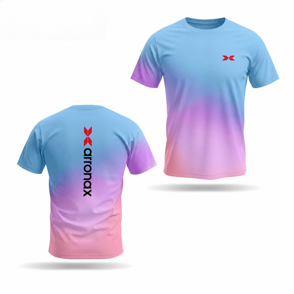 ARRONAX Sports Fitness Running Short Sleeve Shirt - Pink Blue Gradient 3D Printing Polyester Fabric 