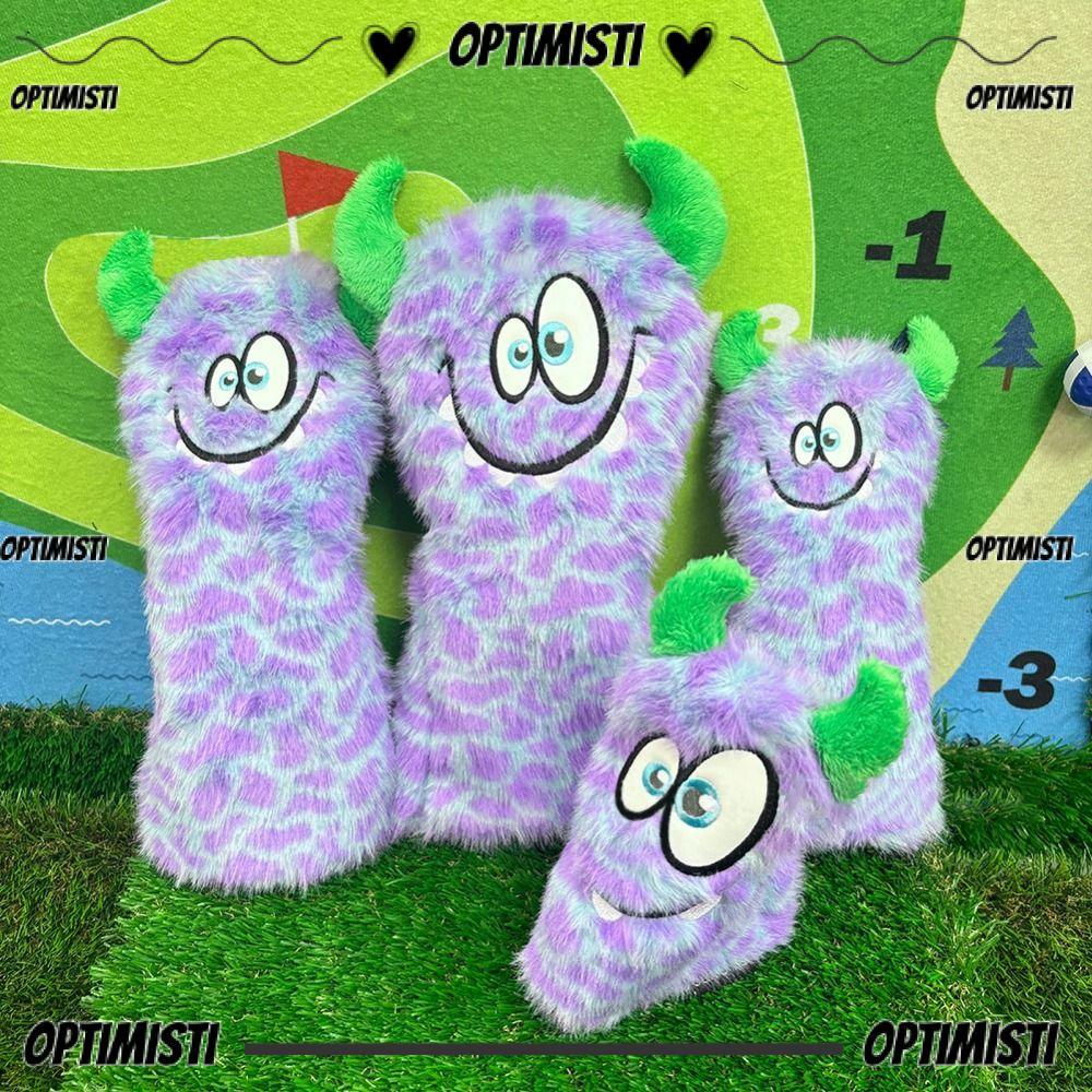 OPTIMISTI8E ฝาครอบไม้กอล์ฟ, Headcover Plush Protector สีม่วง, อุปกรณ์เสริมกอล์ฟลายการ์ตูนที่ใช้งานได