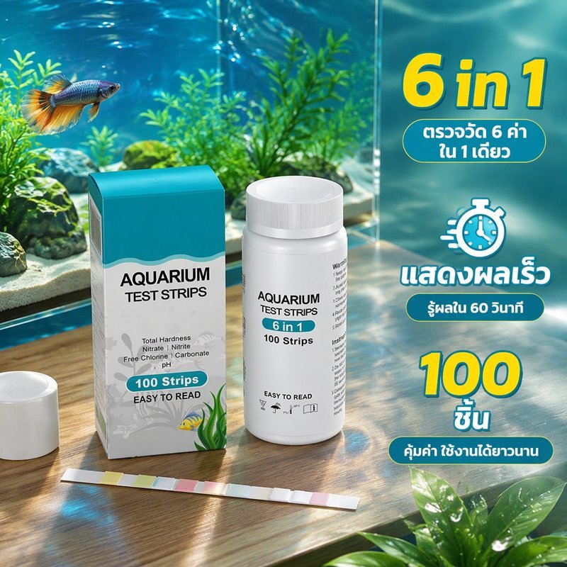 แถบทดสอบคุณภาพน้ำตู้ปลา 7in1 100 ชิ้น BHQ วัดค่า PH GH NO3 NO2 Cl2 KH Alkalinity