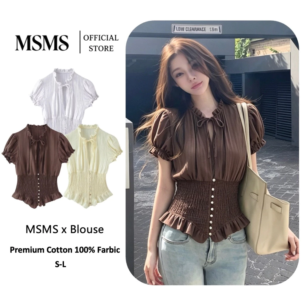 Ruffle Tie Blouse เสื้อเบลาส์ผู้หญิงคอผูกโบว์ขอบฟริลล์ แขนพองเอวย่นรัดทรงสัดส่วนดี ผ้าลายร่องบางเบา มี2สี ครีมอ่อน/น้ำตาล S-L
