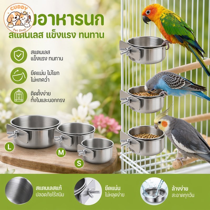 ชามอาหารนก สแตนเลส แขวนกรง ชามน้ำ ชามอาหารนกแก้ว ทนทาน กันสนิม มีตะขอ ขนาด S M L