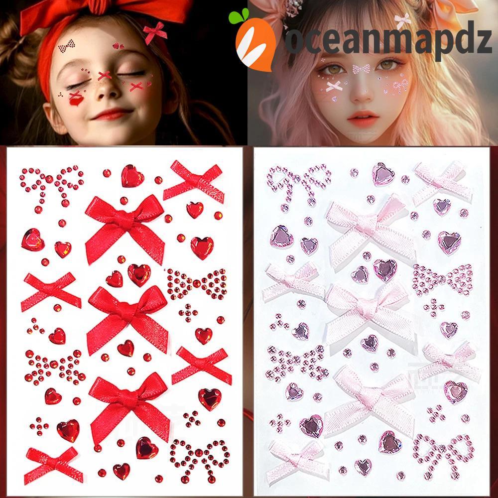 OCEANMAPDZ Face รอยสักชั่วคราว, สติกเกอร์แต่งหน้า Rhinestone 3D คริสตัลสติกเกอร์, Stage แต่งหน้า Bow