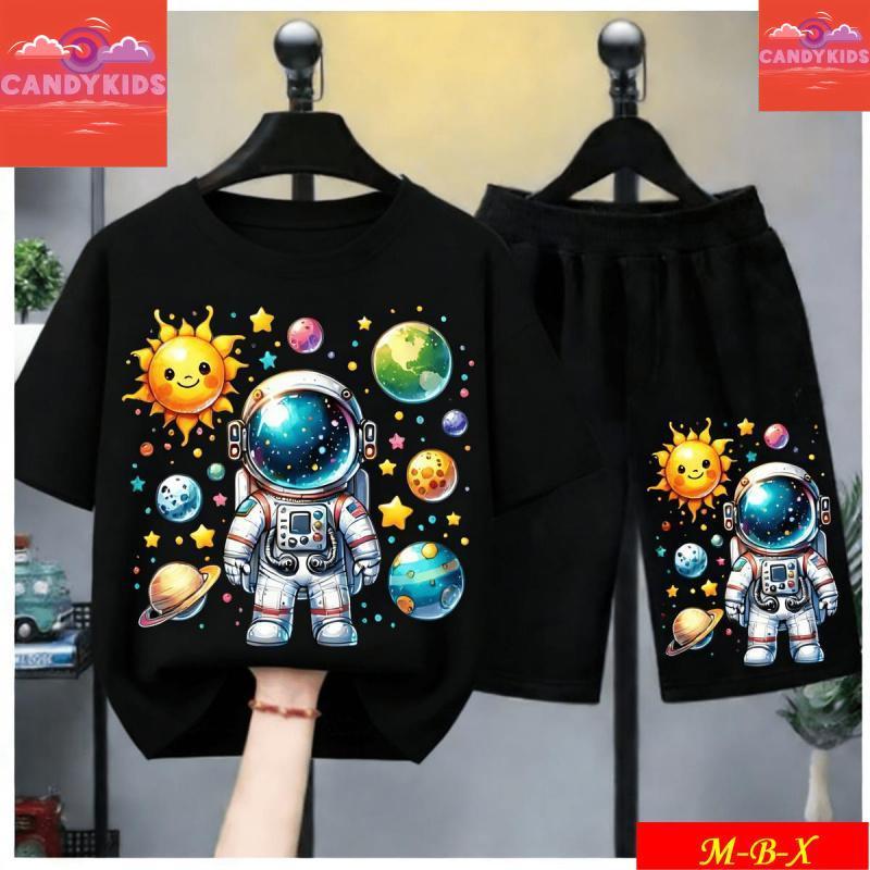 New!!![จัดส่งภายใน 12 ชั่วโมง]COD*2026-ชุดเด็ก 2 ชิ้น ลายอวกาศ | เสื้อยืด + กางเกงขาสั้น ลายนักบินอวกาศ | ผ้า