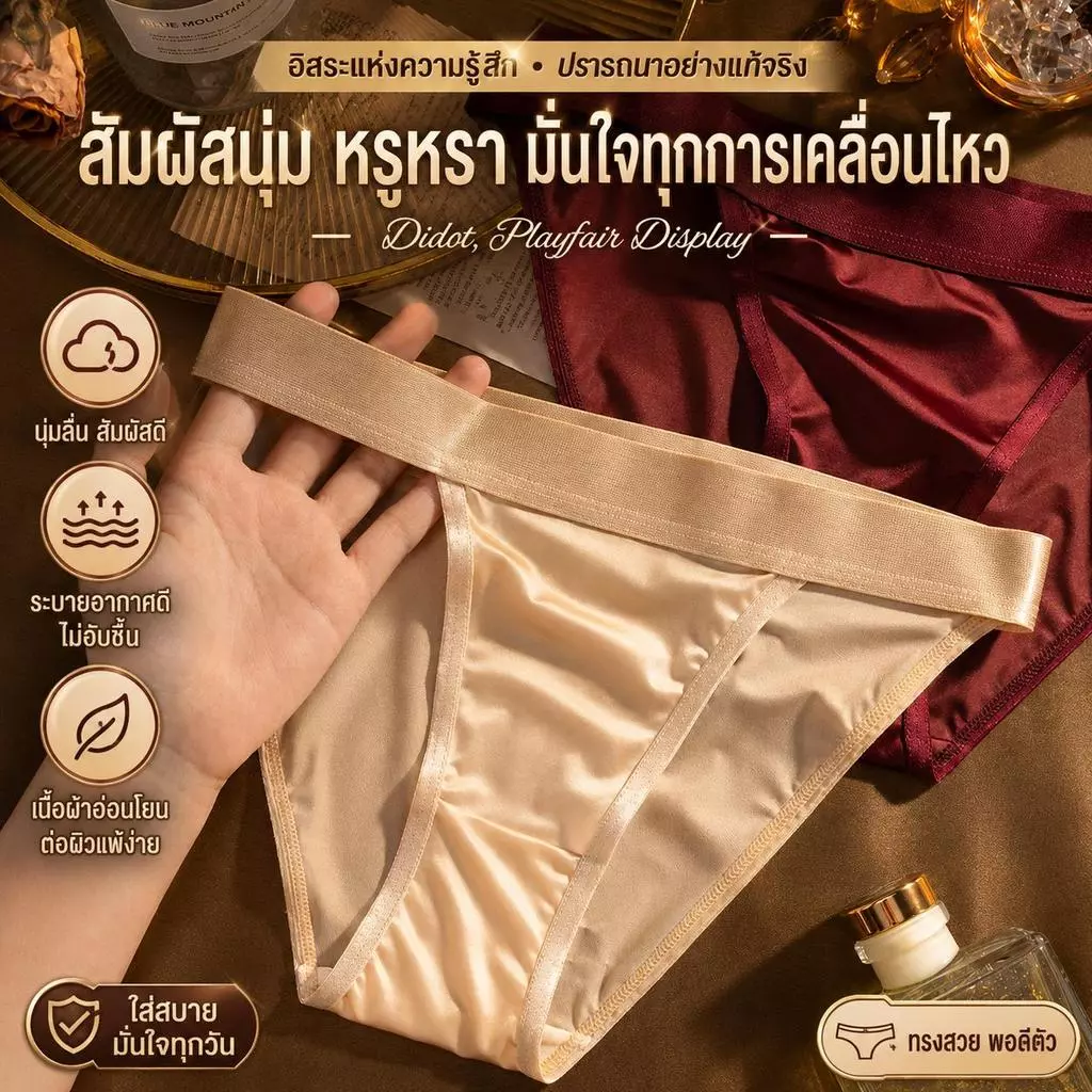 กางเกงในผู้หญิง ทรงบิกินี่ ผ้าซาติน เว้าขาสูง ผ้าเนียนนุ่ม ยืดหยุ่น ใส่สบาย ไม่รัดเอว