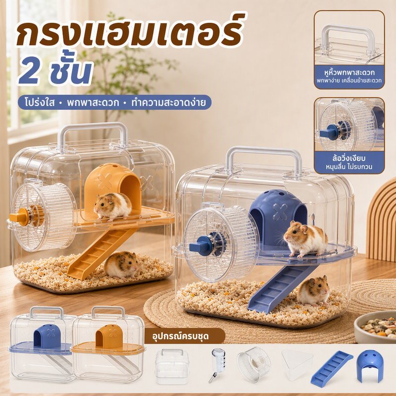 คอนโดแฮมเตอร์ กรงแฮมเตอร์ 2ชั้น กรงพกพา พาโนรามาโปร่งใส พร้อมอุปกรณ์ โครงสร้างเรียบง่าย ทำความสะอาดง่าย