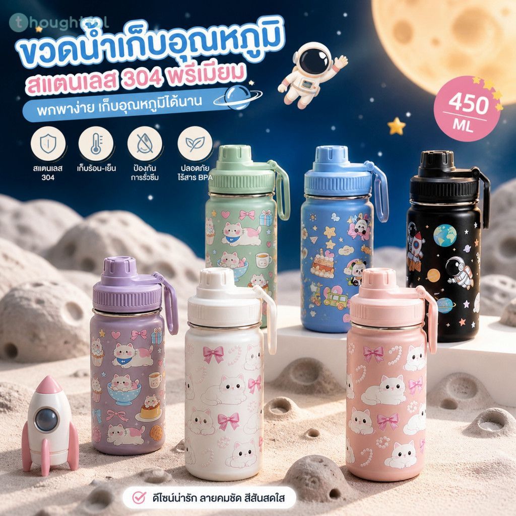 ขวดน้ำสำหรับเด็ก ลายอวกาศ ขนาด 450 มล. ทำจากสแตนเลส 304 ถ้วยสุญญากาศ กาต้มน้ำกลางแจ้ง พร้อมฝาปิดกันฝุ่น TH