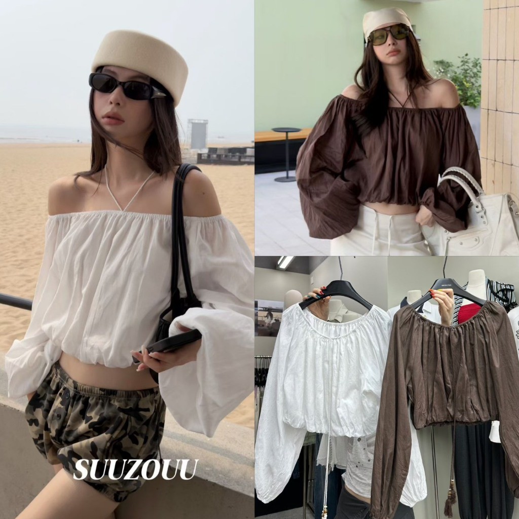 SU550 Boho Tassel Off-Shoulder Top เสื้อทรงคอกว้าง/ปาดไหล่ผ้าเนื้อธรรมชาติ แฟชั่นเกาหลี TAG MM Fish