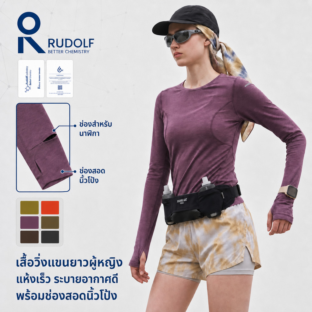 เสื้อวิ่งแขนยาวผู้หญิง RUDOLF เสื้อกีฬาเข้ารูป แห้งเร็ว ระบายอากาศดี พร้อมช่องสอดนิ้วโป้ง สำหรับวิ่ง ฟิตเนส Outdoor