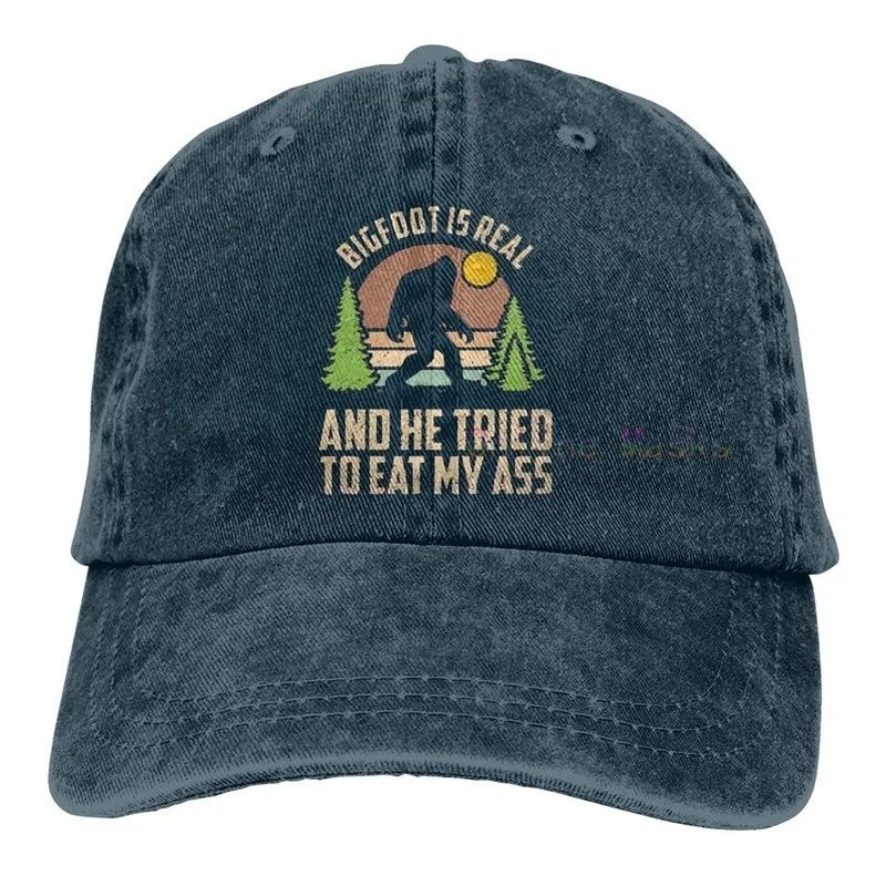 Bigfoot ตลกพิมพ์ Vintage Washed Unisex ปรับ Trucker Denim เบสบอลหมวก