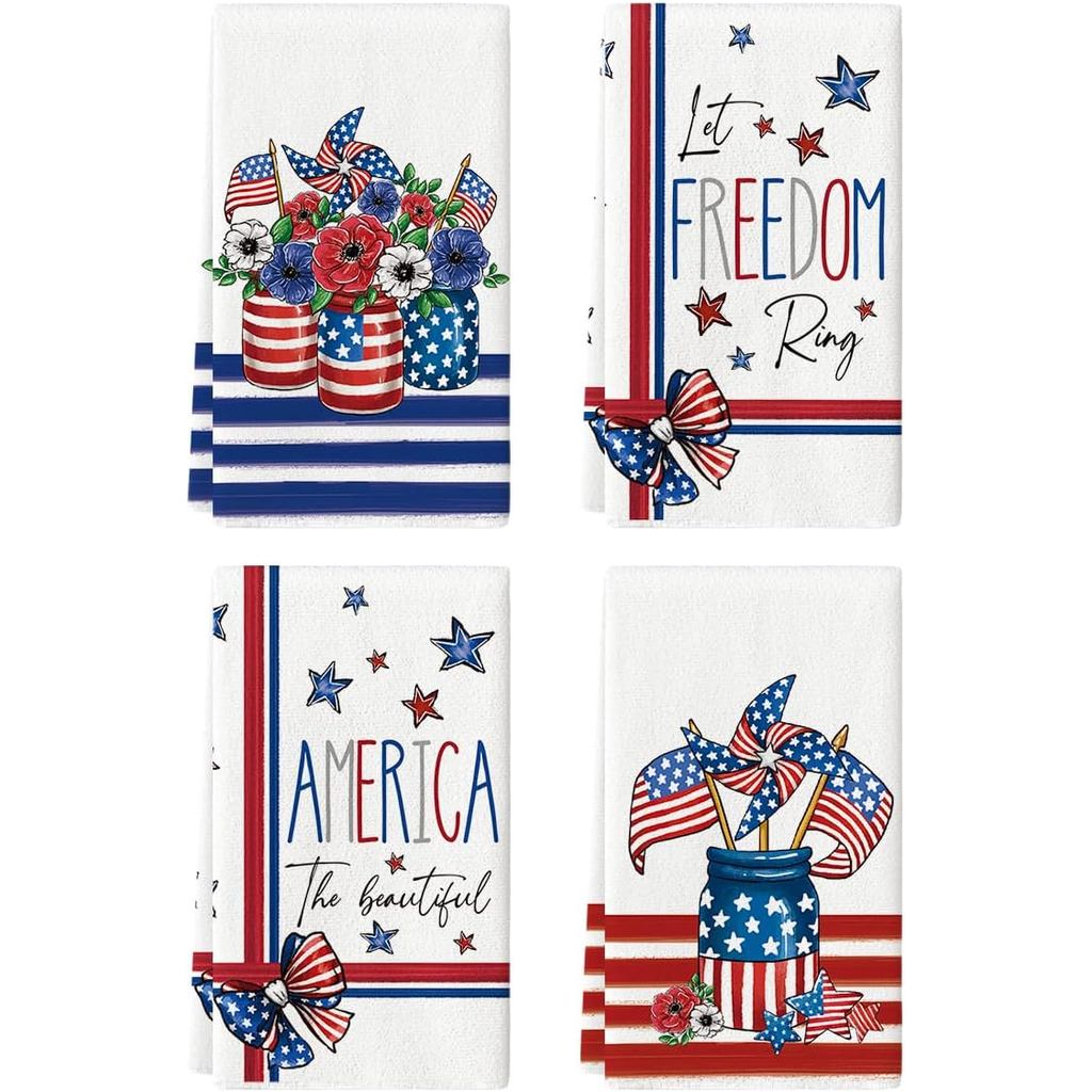 Artoid Mode Stripes American Flag แจกัน Windmill 4th of July ผ้าขนหนูจาน, 18x26 นิ้ว Patriotic Memor