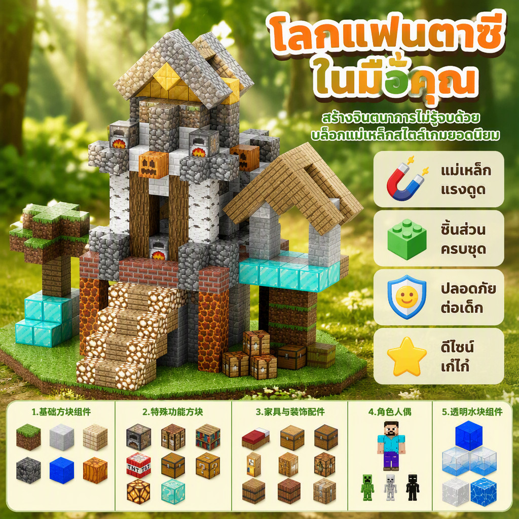 ชุดบล็อกแม่เหล็ก Minecraft อนุภาคก่อสร้างเด็กฝึกสมองโมเดลประกอบตัวต่อเสริมพัฒนาการของเล่นสร้างสรรค์สำหรับเยาวชนของขวัญวั