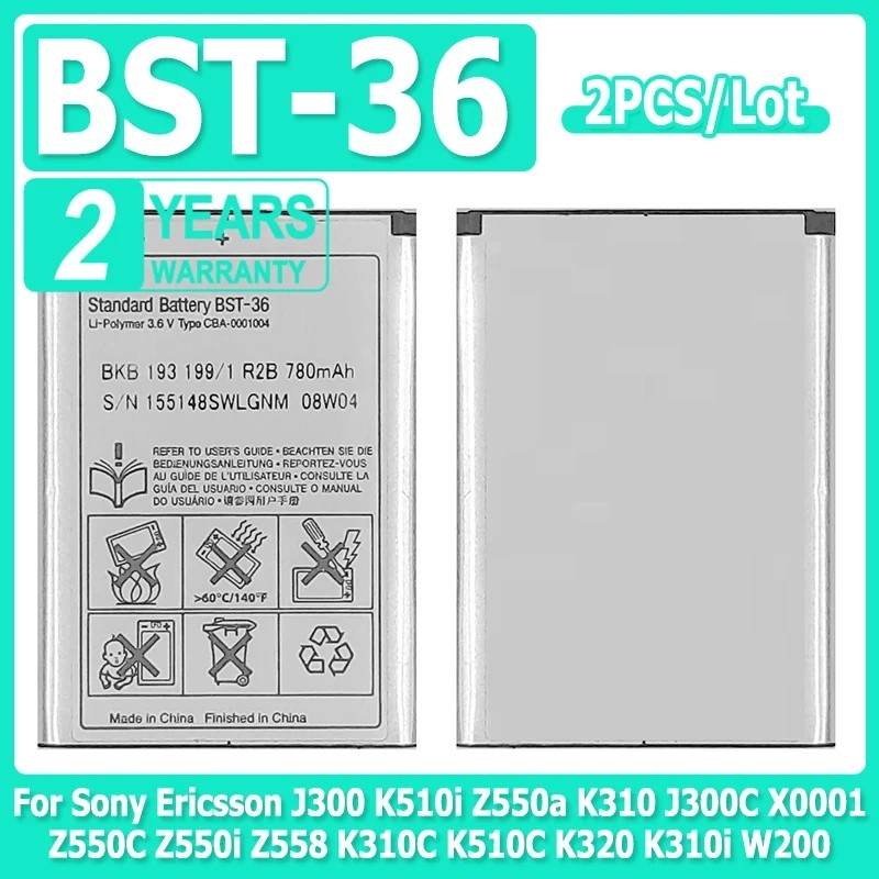 2 ชิ้น/ล็อตแบตเตอรี่ BST-36 780mAh สําหรับ Sony Ericsson J300 K510i Z550a K310 J300C X0001 Z550C Z55
