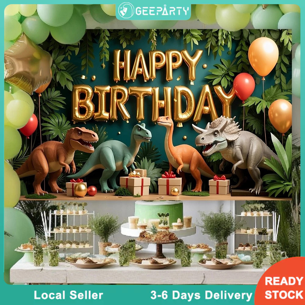 GeeParty ผ้าฉากหลัง 150x100CM 3D ไดโนเสาร์ธีมจูราสสิค T-Rex Happy Birthday ตกแต่งวันเกิดเด็กผู้ชาย ฉากถ่ายรูป