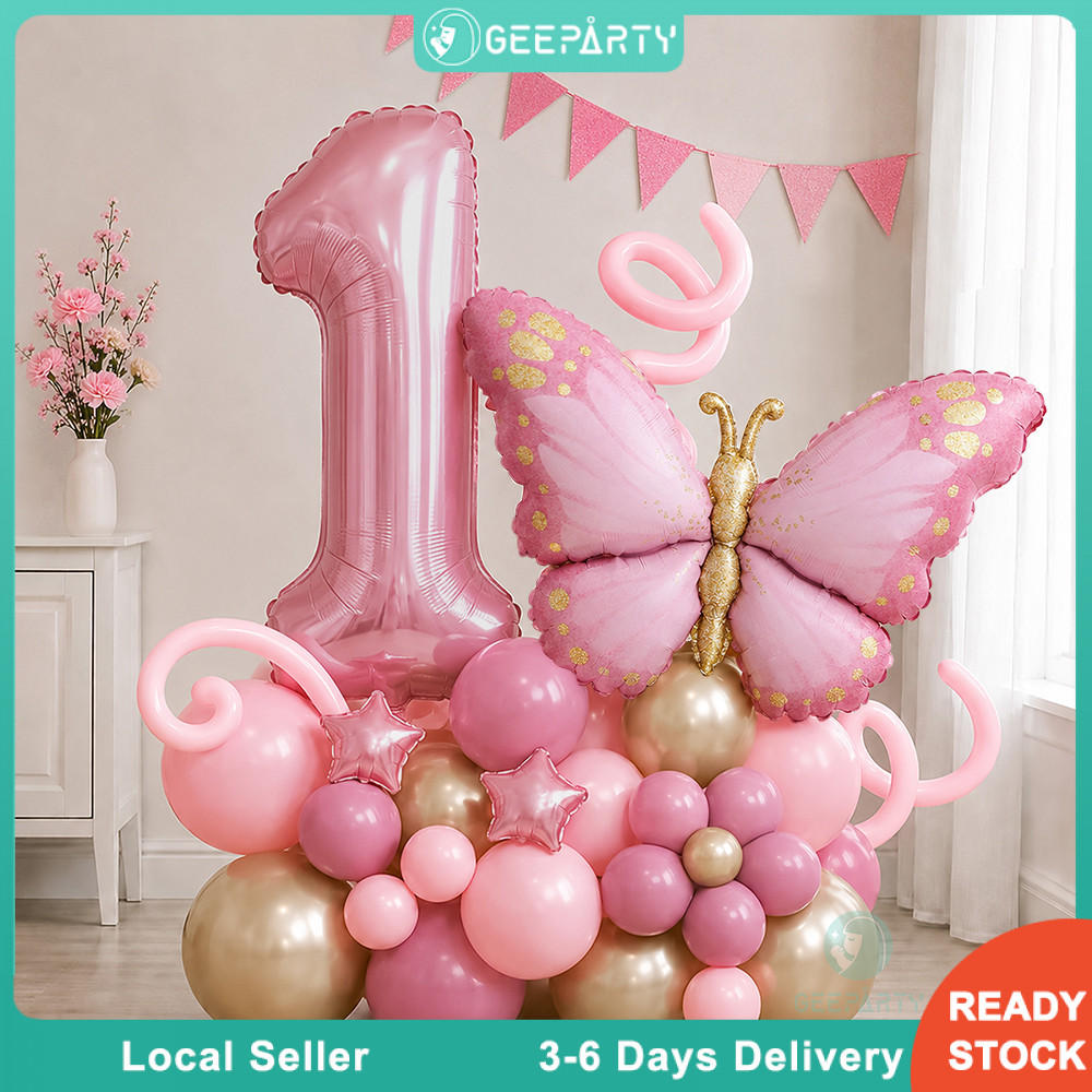 GeeParty ชุดลูกโป่งวันเกิด 49 ชิ้น ลูกโป่งฟอยล์ผีเสื้อสีชมพู ช่อบอลลูนและลูกโป่งตัวเลข สำหรับตกแต่งปาร์ตี้