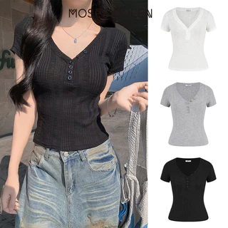 MOSESQUEEN โมเสส ราชินี โดปามีน เสื้อยืดคอวีแขนสั้นผ้าถักสําหรับผู้หญิงในฤดูร้อนรูปแบบใหม่สลิมฟิตทําให้แบน ๆ มีกระดุมดีไซน์อเนกประสงค์และด้านบนมีสไตล #63902