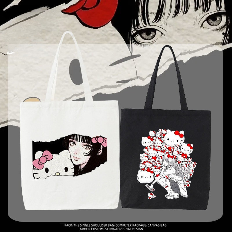 Hello Kitty x Tomie Junji Ito Canvas Tote Bag Cute Horror Kawaii Shoulder Bag School Shopper
